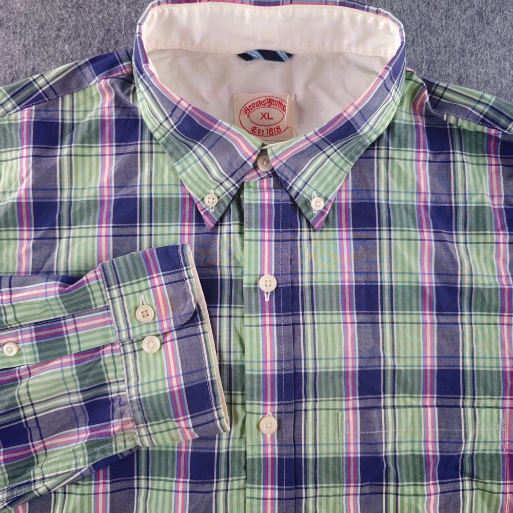 Brooks Brothers Button Down Shirt Mens XL Plaid Long Sleeve Green Blue Pink